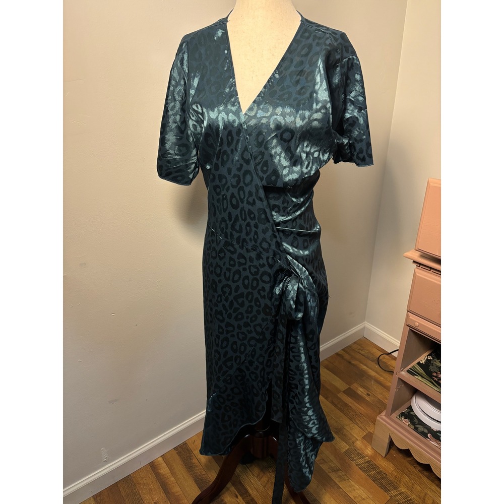 Simplee‎ Satin Leopard Wrap Midi Dress XL Teal Animal Print Cocktail Party